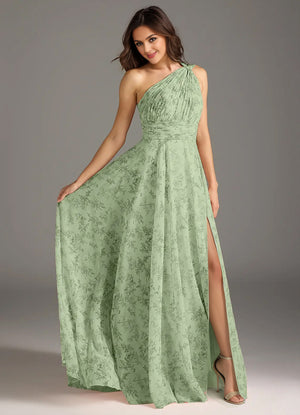 A-line One Shoulder Floor-Length Chiffon Bridesmaid Dress With Slit
