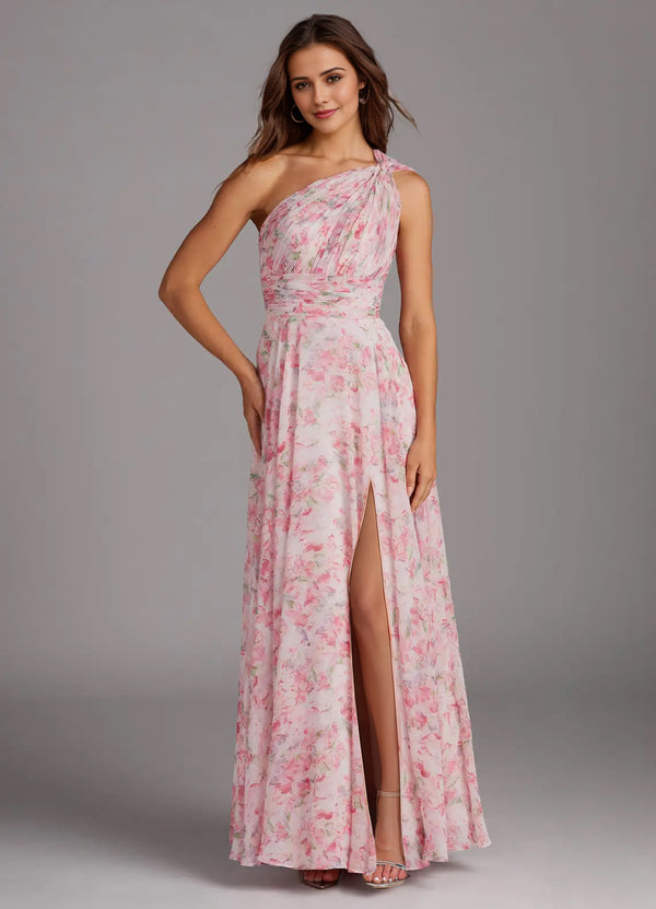A-line One Shoulder Floor-Length Chiffon Bridesmaid Dress With Slit