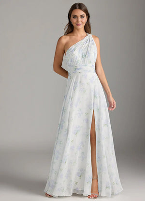 A-line One Shoulder Floor-Length Chiffon Bridesmaid Dress With Slit