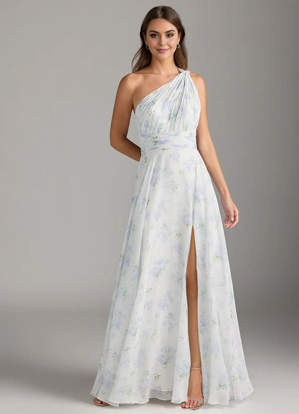 A-line One Shoulder Floor-Length Chiffon Bridesmaid Dress With Slit