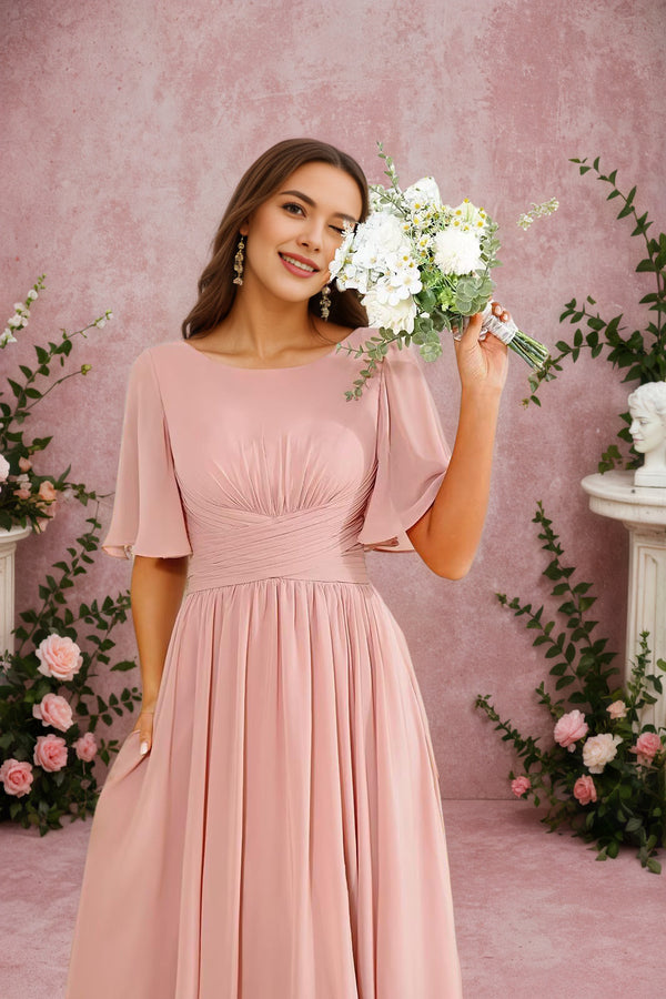 A-line Scoop Floor-Length Chiffon Bridesmaid Dress With Slit