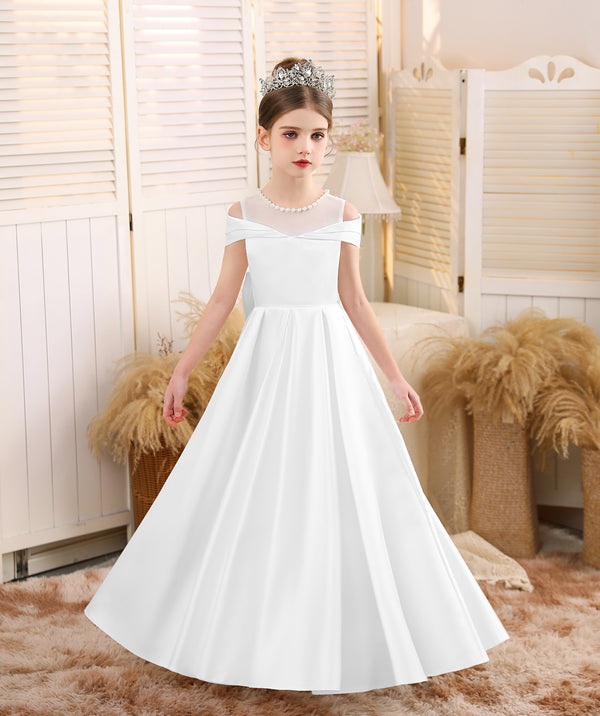 Ball-Gown/Princess Scoop Floor-Length Satin/Tulle Flower Girl Dress With Bow/Beading