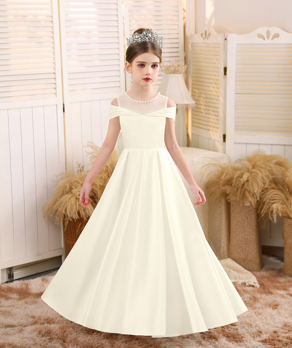 Ball-Gown/Princess Scoop Floor-Length Satin/Tulle Flower Girl Dress With Bow/Beading