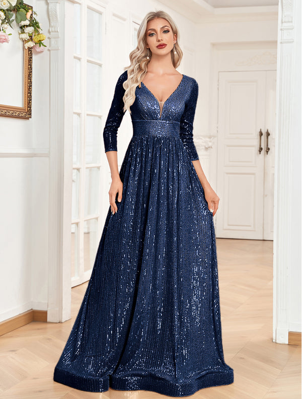 Sequin V-Neck Long Sleeveless A-Line Floor Length Navy Blue Prom/Evening Dress