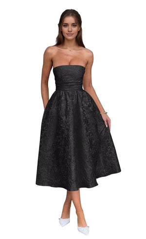 A-Line Strapless Tea-Length Jacquard Prom Dresses