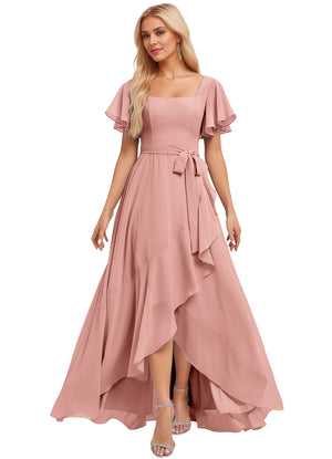 A-line Square-Neck Floor-Length Chiffon Bridesmaid Dress With Ruffle