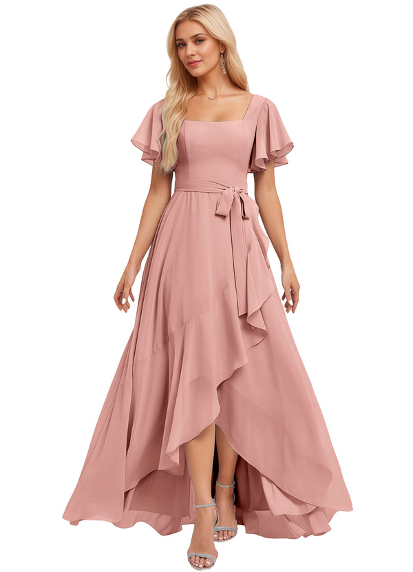 A-line Square-Neck Floor-Length Chiffon Bridesmaid Dress With Ruffle