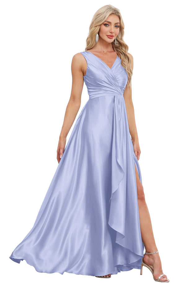 A-line V-Neck Floor-Length Satin Bridesmaid Dress
