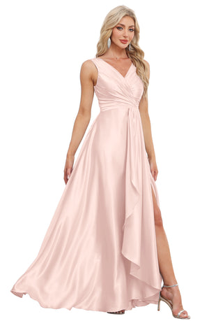 A-line V-Neck Floor-Length Satin Bridesmaid Dress