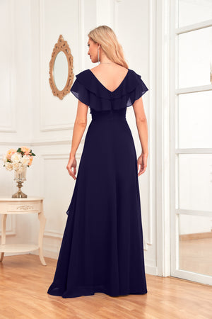 A-line V-Neck Floor-Length Chiffon Dress With Ruffle
