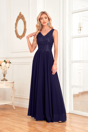 Sleeveless A-Line Floor Length Chiffon Lace V-Neck Bridesmaid Dress