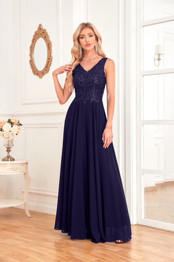 Sleeveless A-Line Floor Length Chiffon Lace V-Neck Bridesmaid Dress