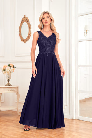 Sleeveless A-Line Floor Length Chiffon Lace V-Neck Bridesmaid Dress