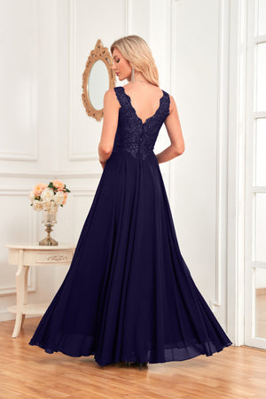 Sleeveless A-Line Floor Length Chiffon Lace V-Neck Bridesmaid Dress