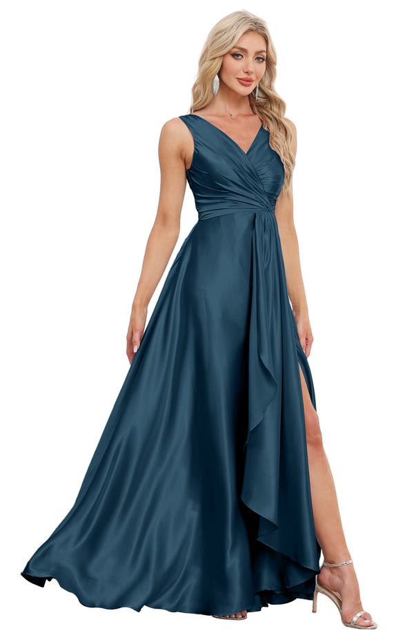A-line V-Neck Floor-Length Satin Bridesmaid Dress