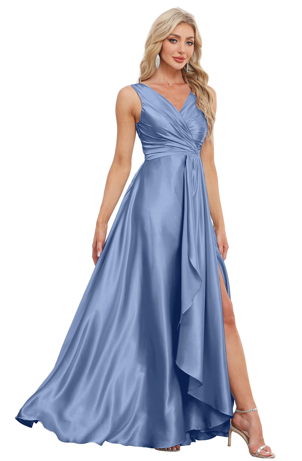 A-line V-Neck Floor-Length Satin Bridesmaid Dress