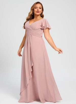 A-line V-Neck Floor-Length Chiffon Bridesmaid Dress With Ruffle