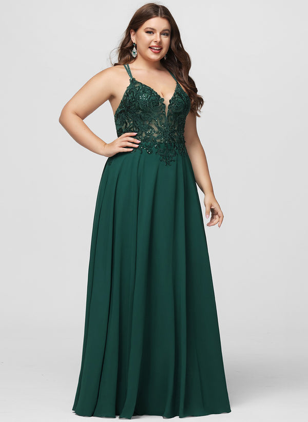 A-line V-Neck Floor-Length Chiffon Prom Dresses With Beading Sequins