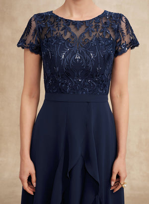 A-line Scoop Illusion Asymmetrical Chiffon Lace Mother of the Bride Dress With Ruffle Sequins Bow