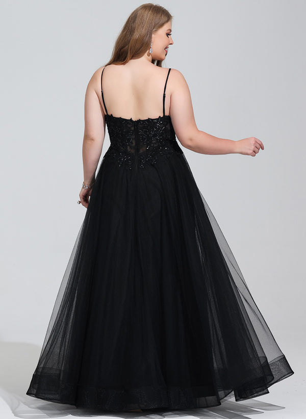 A-line V-Neck Floor-Length Tulle Prom Dresses