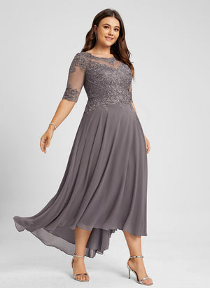 A-line Illusion Boat Neck Asymmetrical Chiffon Lace Mother of the Bride Dress With Sequins Beading