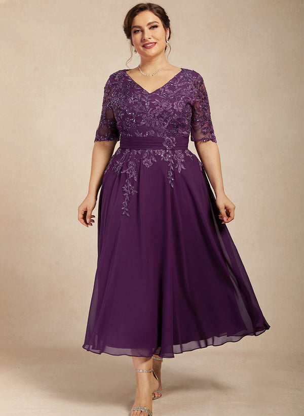A-line V-Neck Tea-Length Lace Chiffon Mother of the Bride Dress With Sequins