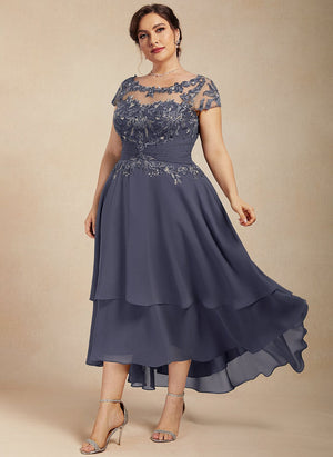 A-line Scoop Illusion Asymmetrical Chiffon Lace Mother of the Bride Dress With Beading