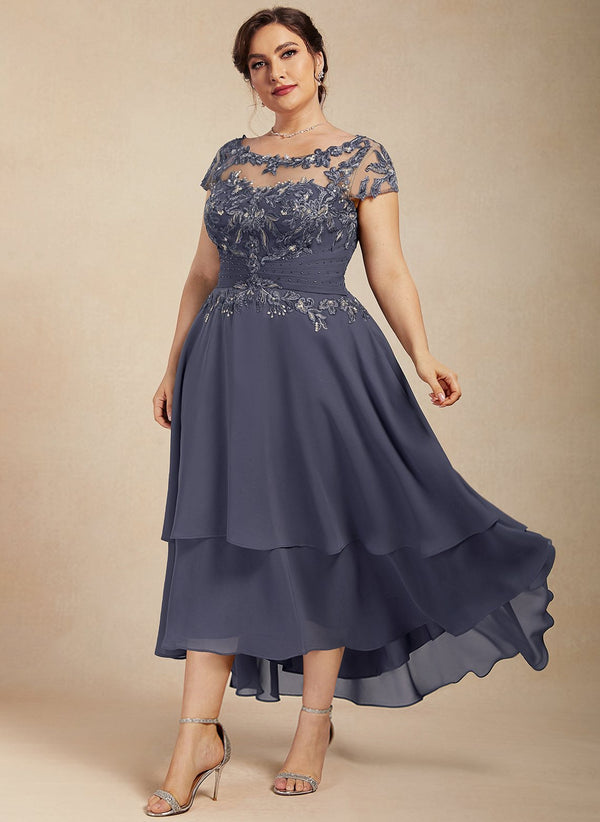 A-line Scoop Illusion Asymmetrical Chiffon Lace Mother of the Bride Dress With Beading