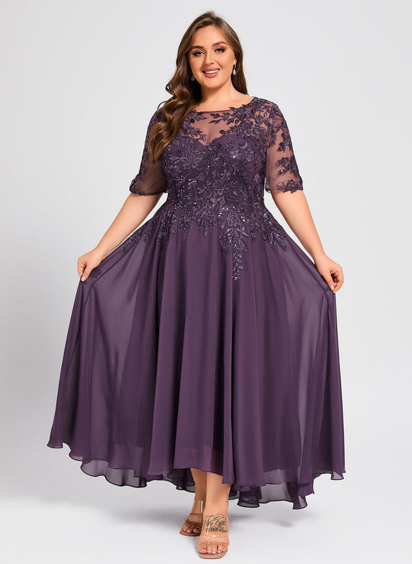 A-line Scoop Illusion Asymmetrical Lace Chiffon Mother of the Bride Dress With Sequins
