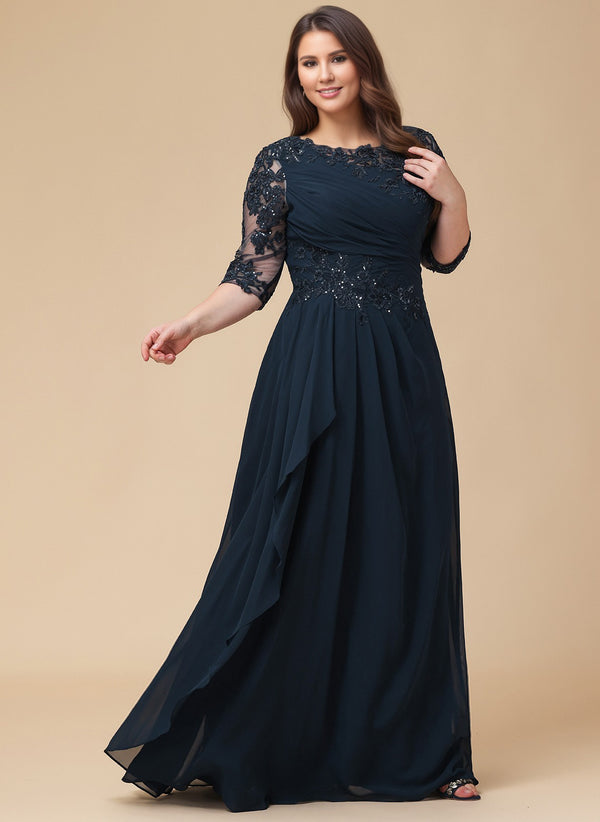 A-line Scoop Floor-Length Lace Chiffon Mother of the Bride Dress With Cascading Ruffles Sequins