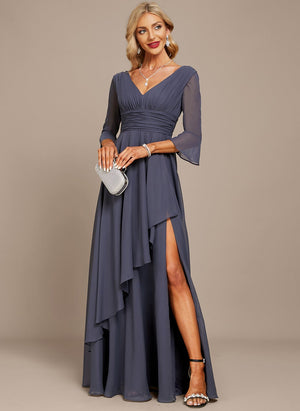 A-line V-Neck Floor-Length Chiffon Mother of the Bride Dress With Cascading Ruffles