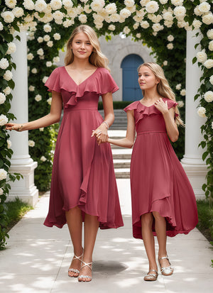 A-line V-Neck Asymmetrical Chiffon Bridesmaid Dress With Ruffle