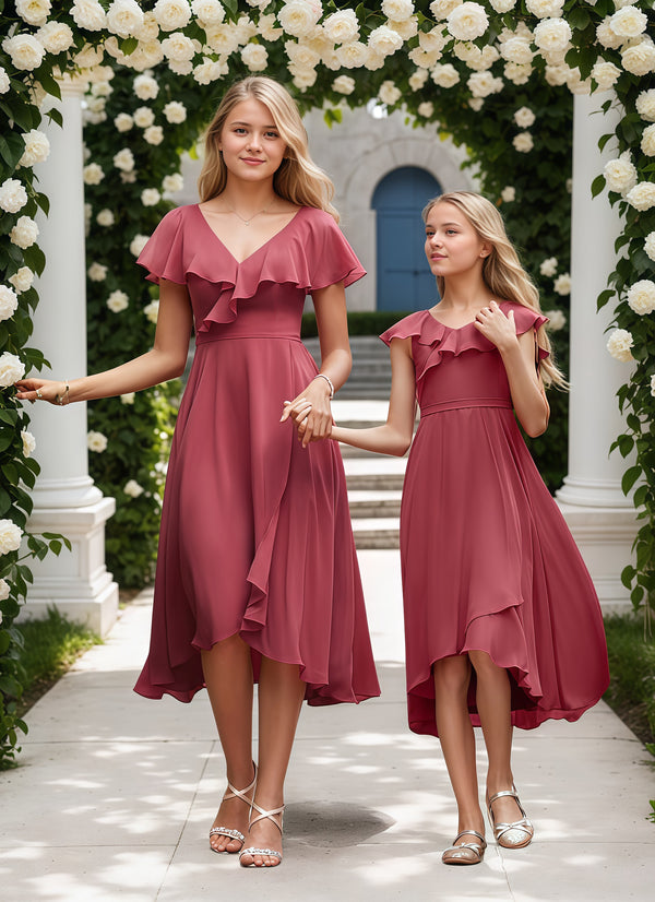 A-line V-Neck Asymmetrical Chiffon Bridesmaid Dress With Ruffle