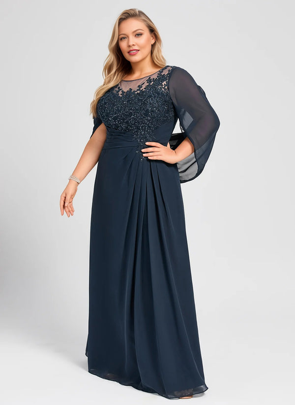 A-line Scoop Illusion Floor-Length Lace Chiffon Mother of the Bride Dress With Sequins Pleated