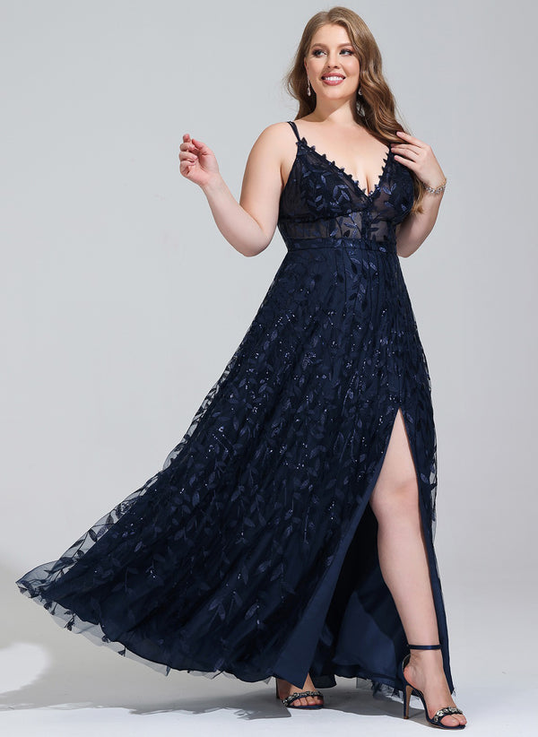 A-line V-Neck Floor-Length Lace Prom Dresses With Sequins