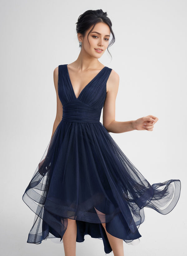 A-line V-Neck Asymmetrical Tulle Cocktail Dress With Cascading Ruffles Pleated
