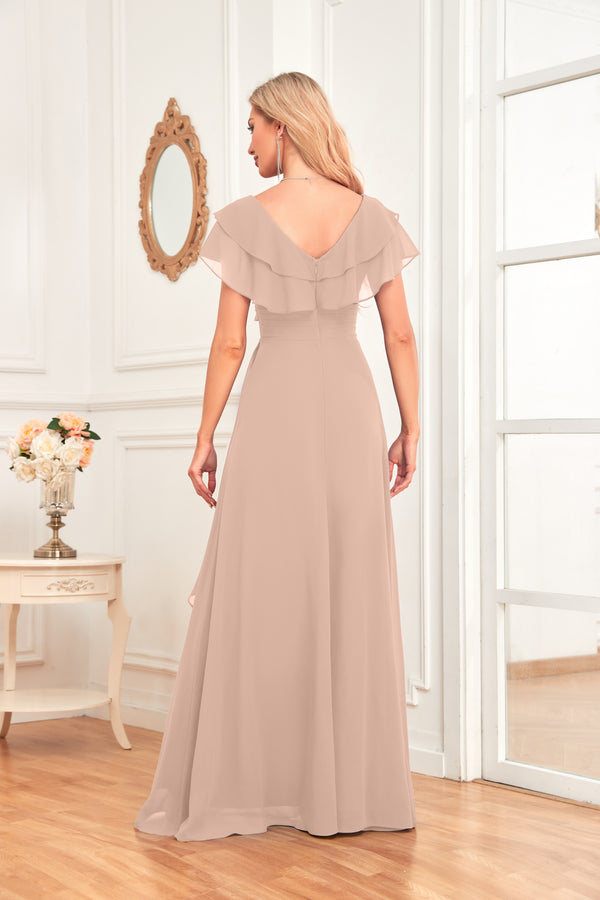 A-line V-Neck Floor-Length Chiffon Dress With Ruffle