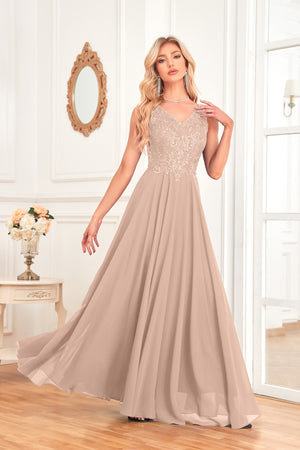 Sleeveless A-Line Floor Length Chiffon Lace V-Neck Bridesmaid Dress