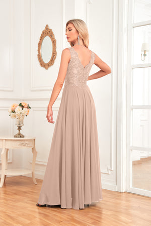 Sleeveless A-Line Floor Length Chiffon Lace V-Neck Bridesmaid Dress