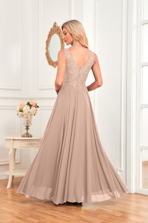 Sleeveless A-Line Floor Length Chiffon Lace V-Neck Bridesmaid Dress