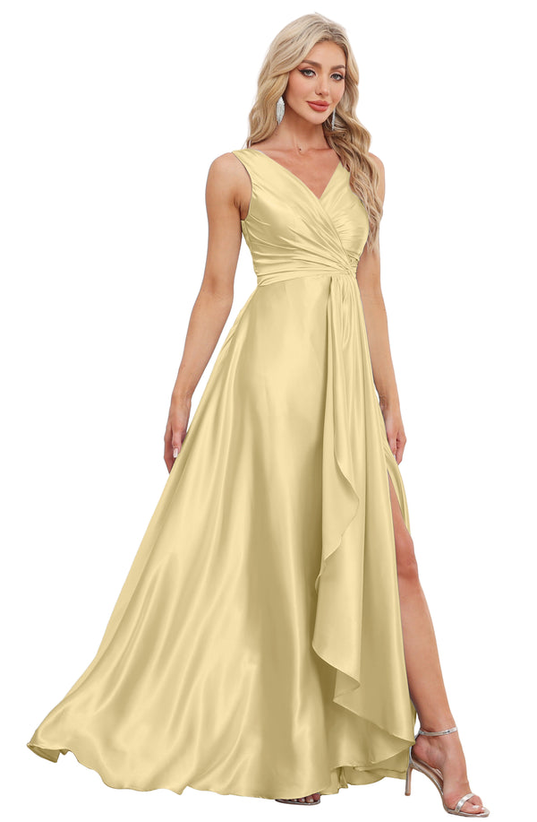 A-line V-Neck Floor-Length Satin Bridesmaid Dress