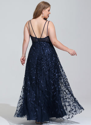 A-line V-Neck Floor-Length Lace Prom Dresses With Sequins