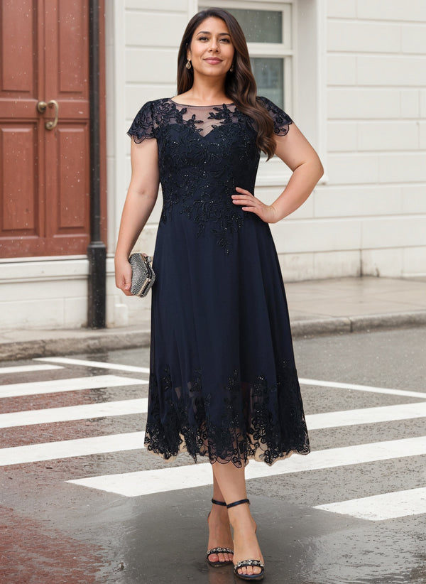 A-line Scoop Illusion Tea-Length Lace Chiffon Mother of the Bride Dress With Sequins