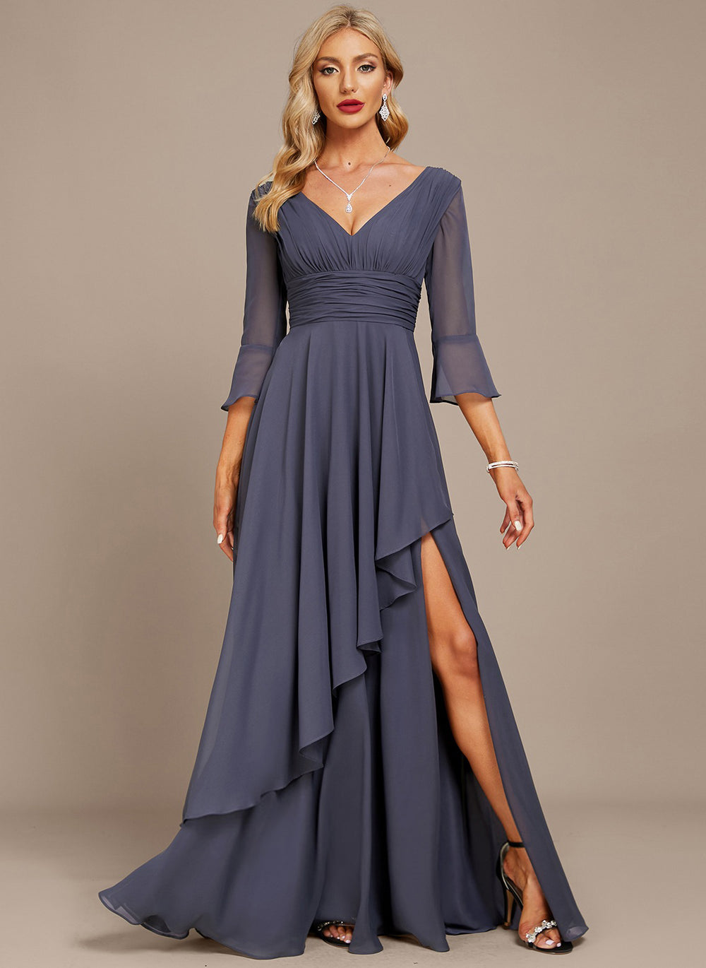 A-line V-Neck Floor-Length Chiffon Mother of the Bride Dress With Cascading Ruffles