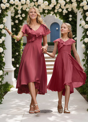 A-line V-Neck Asymmetrical Chiffon Bridesmaid Dress With Ruffle