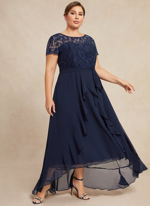 A-line Scoop Illusion Asymmetrical Chiffon Lace Mother of the Bride Dress With Ruffle Sequins Bow