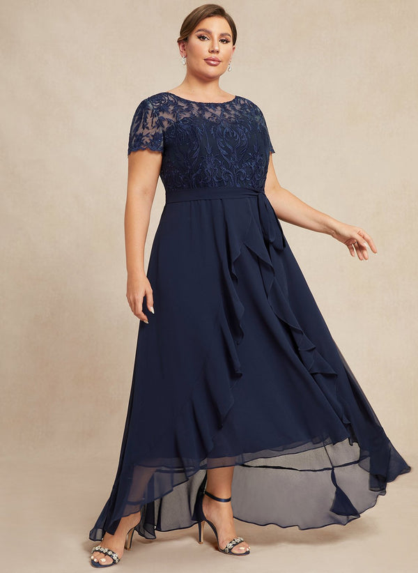 A-line Scoop Illusion Asymmetrical Chiffon Lace Mother of the Bride Dress With Ruffle Sequins Bow