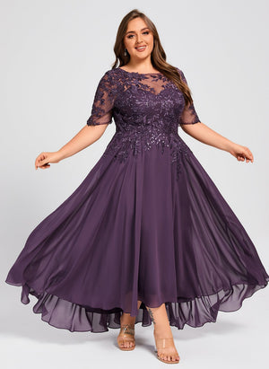A-line Scoop Illusion Asymmetrical Lace Chiffon Mother of the Bride Dress With Sequins