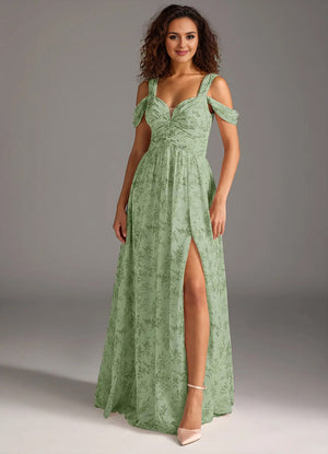 A-line Cold Shoulder Floor-Length Chiffon Bridesmaid Dress With Slit