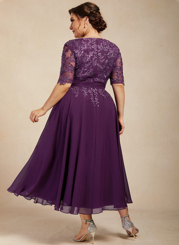 A-line V-Neck Tea-Length Lace Chiffon Mother of the Bride Dress With Sequins